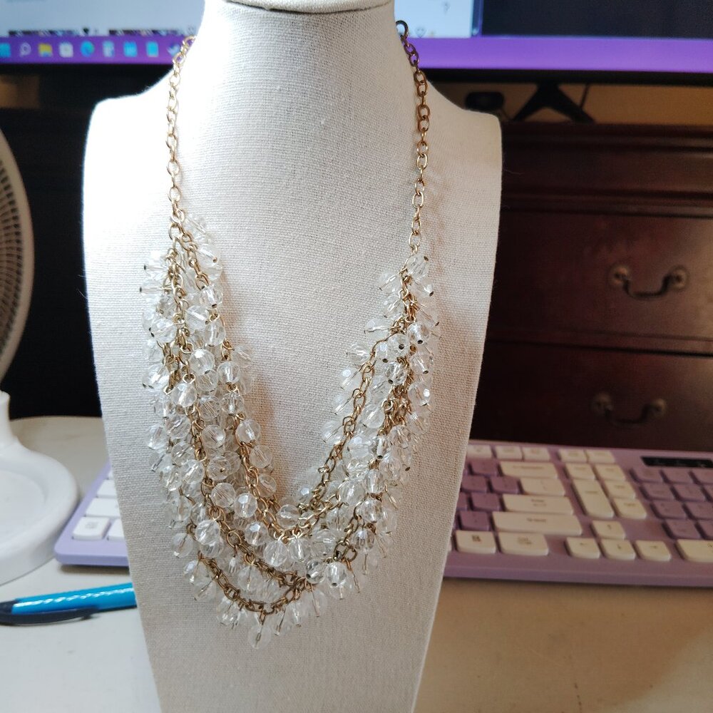 Banana Republic Silver Tone Rhinestone Beaded Bib Collar Statement Necklace